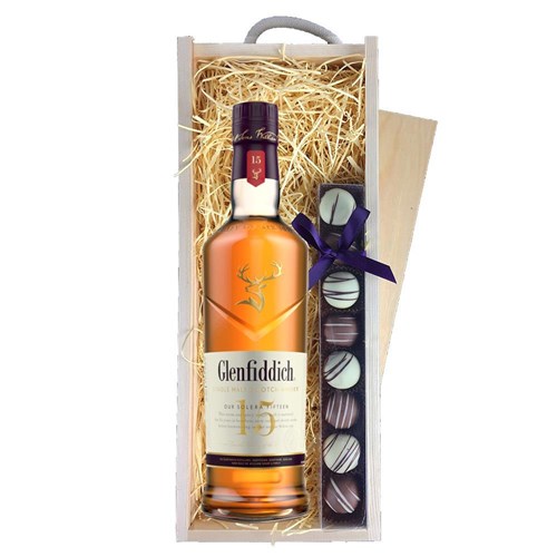 Glenfiddich 15 Year Old Solera 70cl & Heart Truffles, Wooden Box